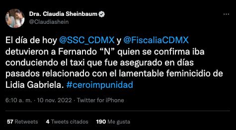 Claudia Sheinbaum notifica la detención de Fernando "N", feminicida de Lidia Gabriela