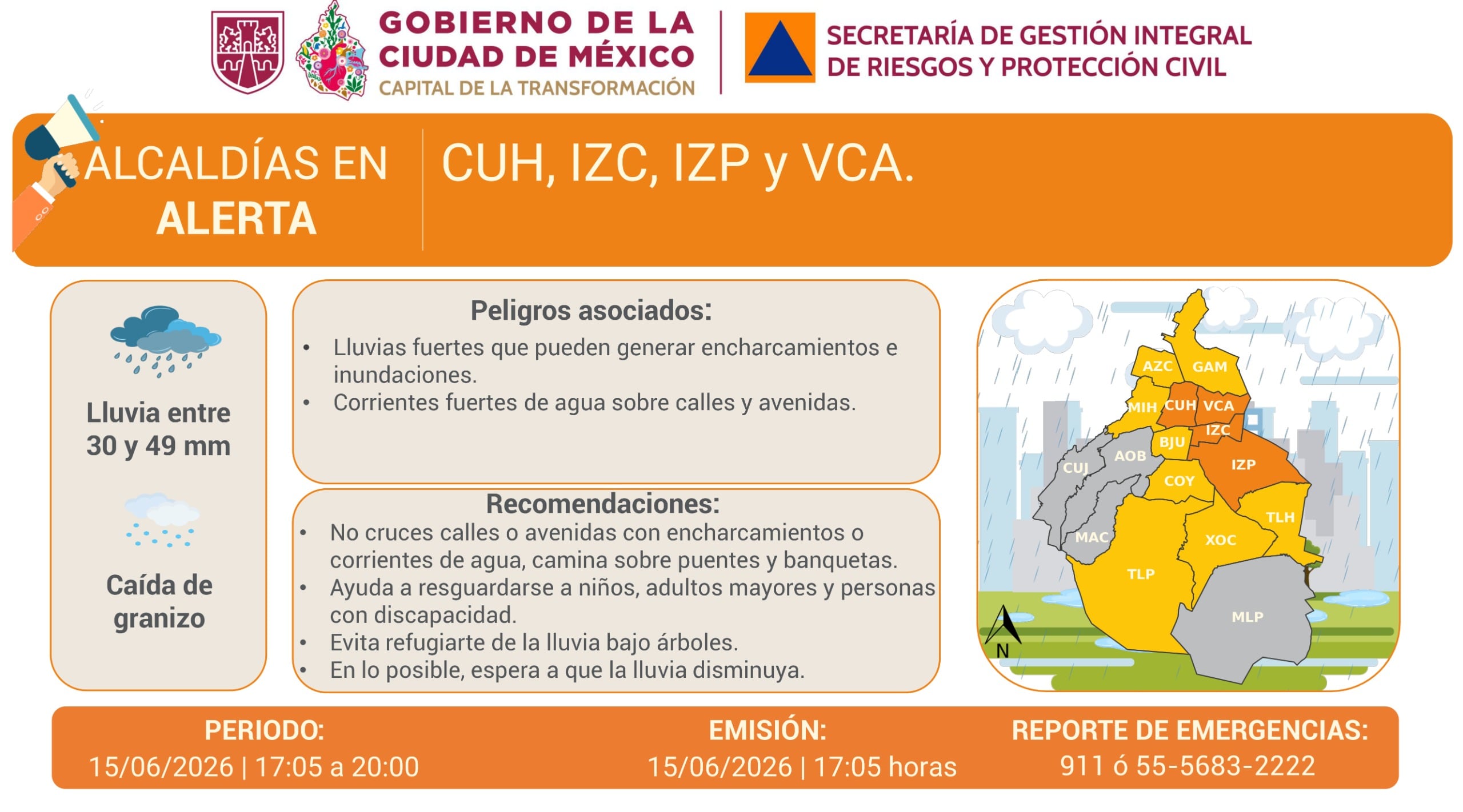 CDMX activa alerta naranja por lluvias y granizo