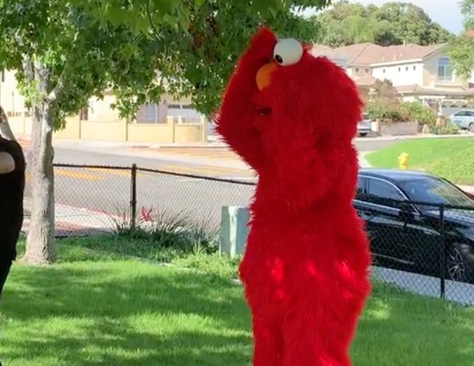 Botarga de Elmo que sufre con su piñata