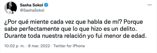 Testimonio de Sasha Sokol sobre el abuso de Luis de Llano/@Sasha Sokol
