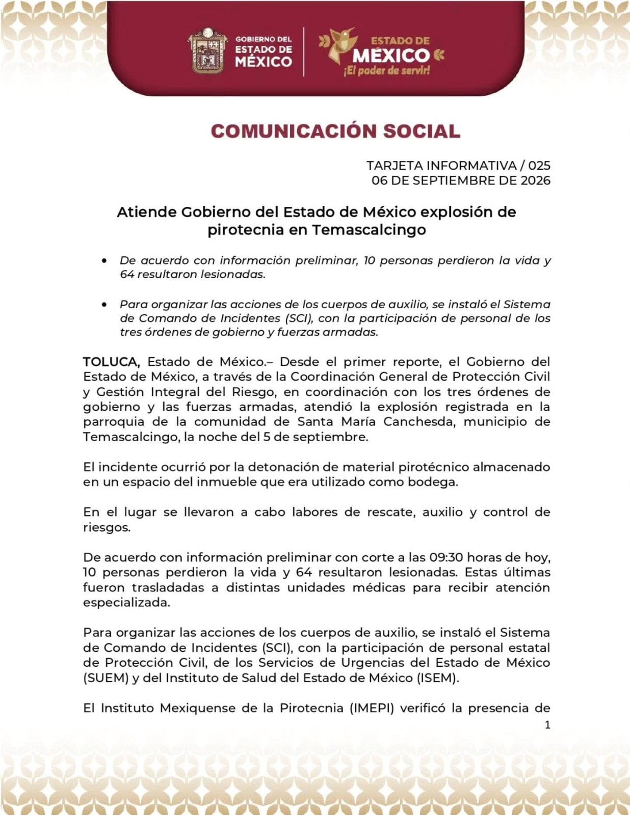Comunicado explosión en Temascalcingo