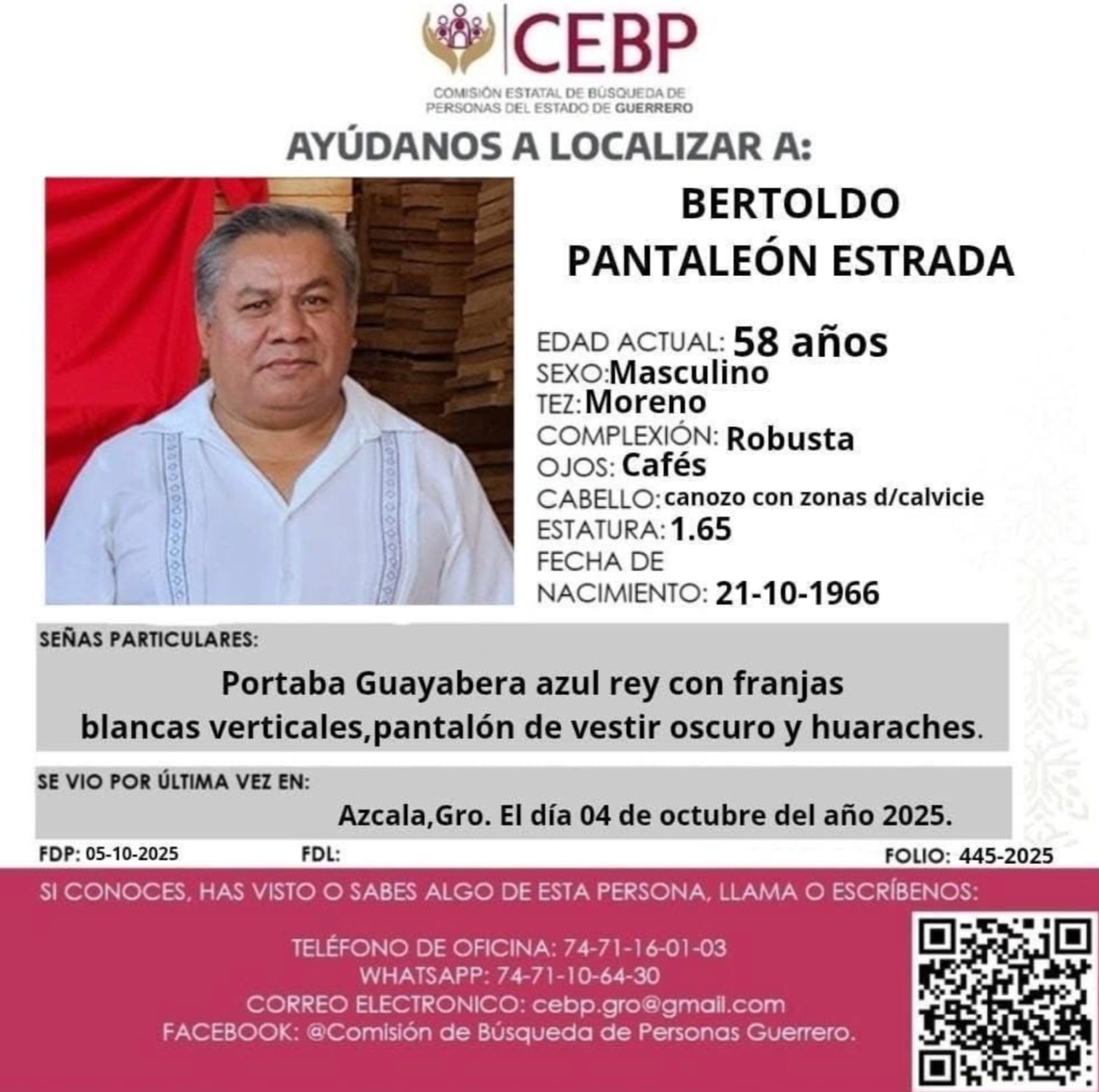 Bertoldo Pantaleón Estrada desapareció en Guerrero