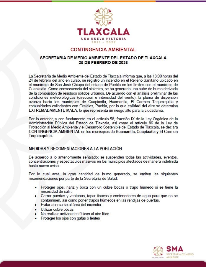 Contingencia Ambiental en Tlaxcala: Tres municipios en alerta por incendio en Puebla.