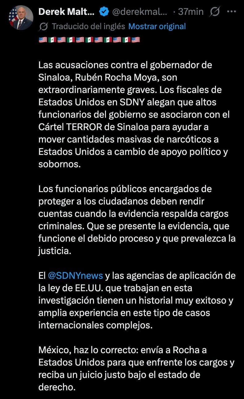 Derek Maltz, exjefe de la DEA, pide a México extraditar a Rocha Moya por presuntos nexos con el Cártel de Sinaloa