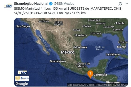 Sismo hoy miércoles 14 de octubre de 2026 en México
