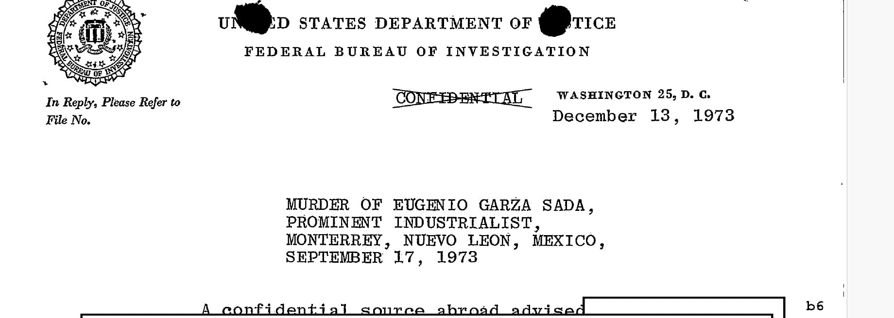 Investigación del FBI sobre asesinato de Eugenio Garza Sada