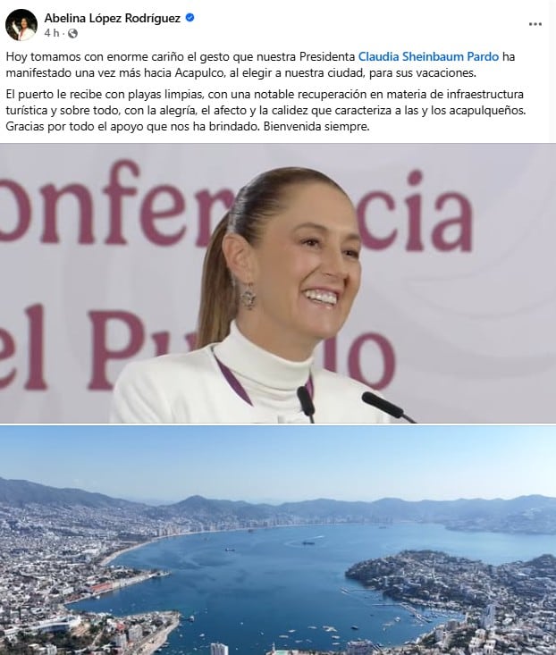 Abelina López recibe a Claudia Sheinbaum: “Acapulco tiene playas limpias”