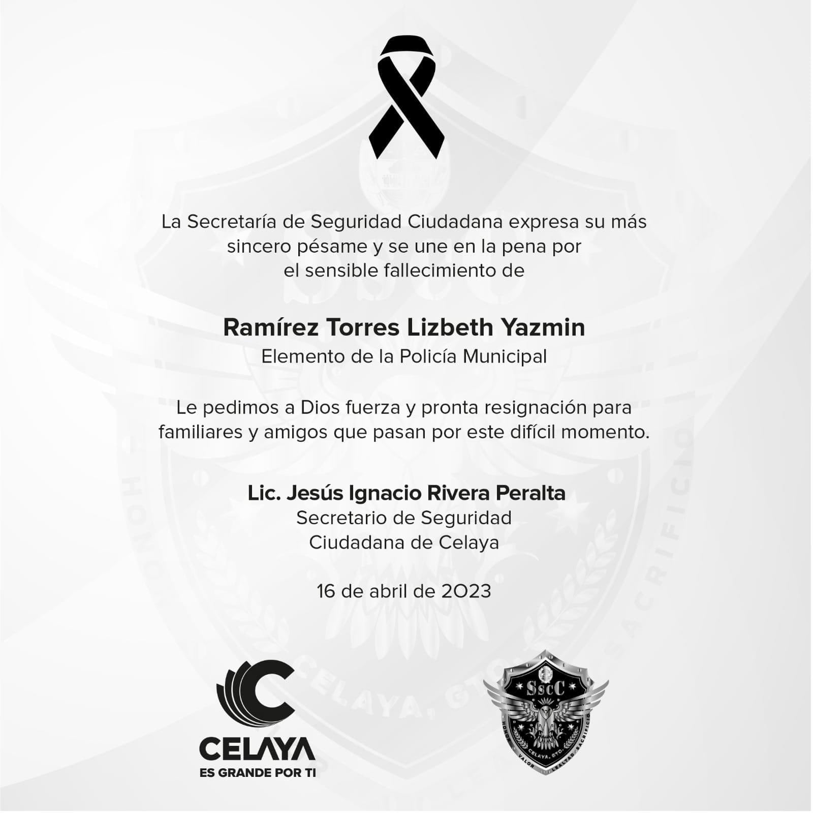 Secretaría de Seguridad Ciudadana Celaya lamenta la muerte de mujer policía