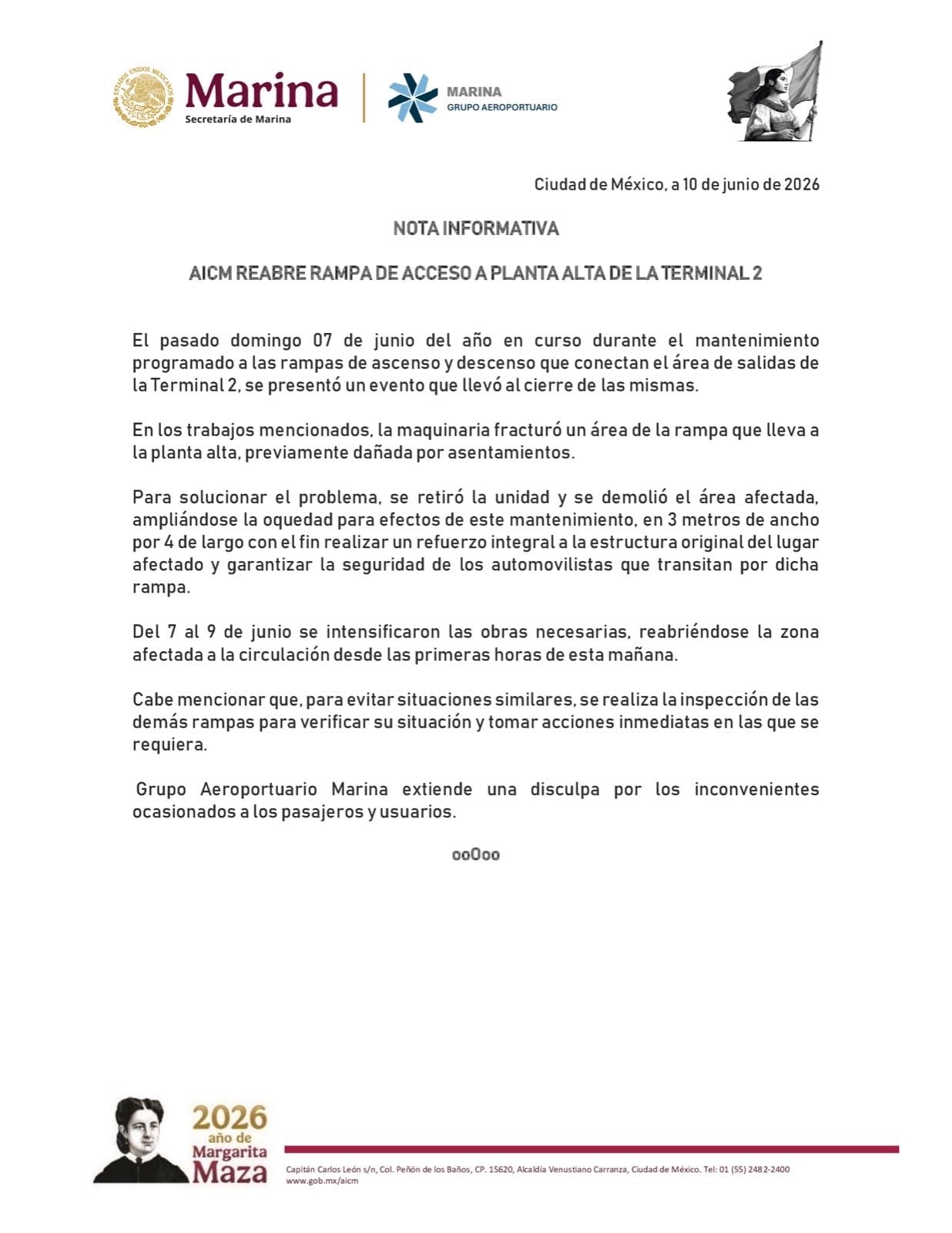 AICM reabre rampa de acceso a la planta alta de la Terminal 2