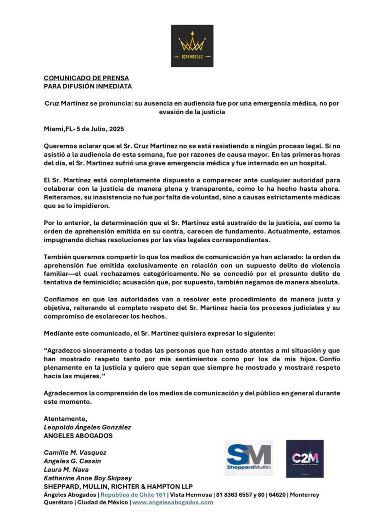 Abogados de Cruz Martínez niegan que esté prófugo