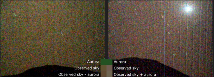 La primera imagen en luz visible de una aurora verde en Marte (izquierda), tomada por el instrumento Mastcam-Z del rover Perseverance de la NASA.