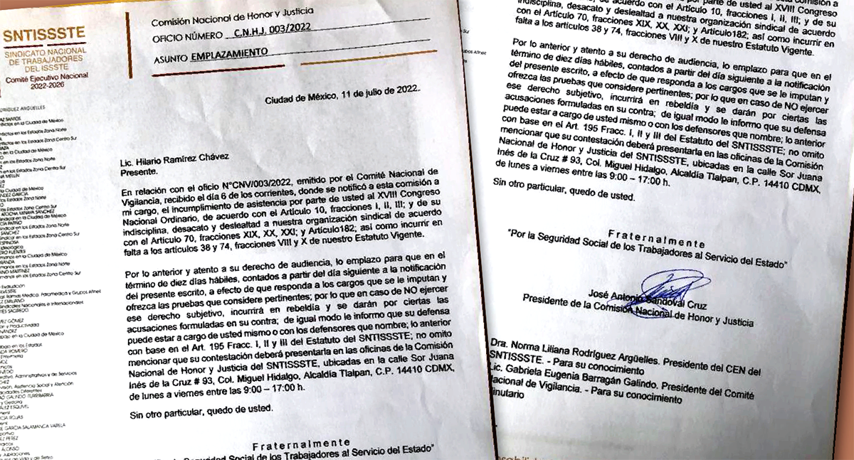 Procedimiento de expulsión del SNTISSSTE de Hilario Ramírez Chávez emprendido por Norma Liliana Rodríguez Argüelles