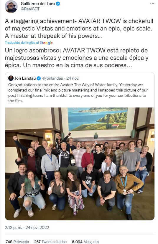 Tuit de Guillermo del Toro elogiando Avatar 2