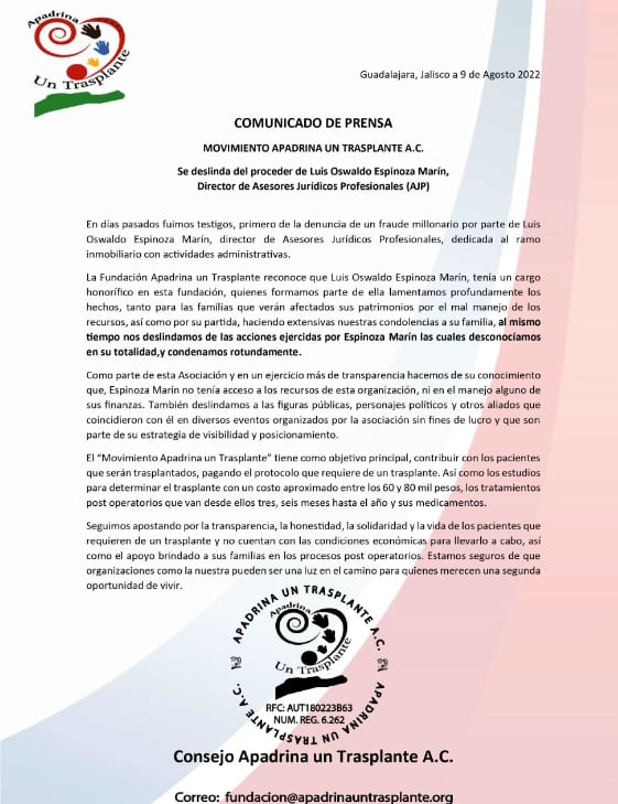 Comunicado Apadrina un Trasplante