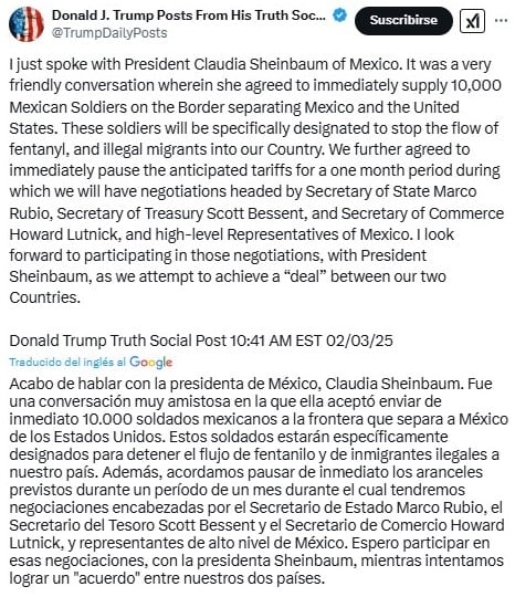 Donald Trump confirma charla amistosa con Claudia Sheinbaum