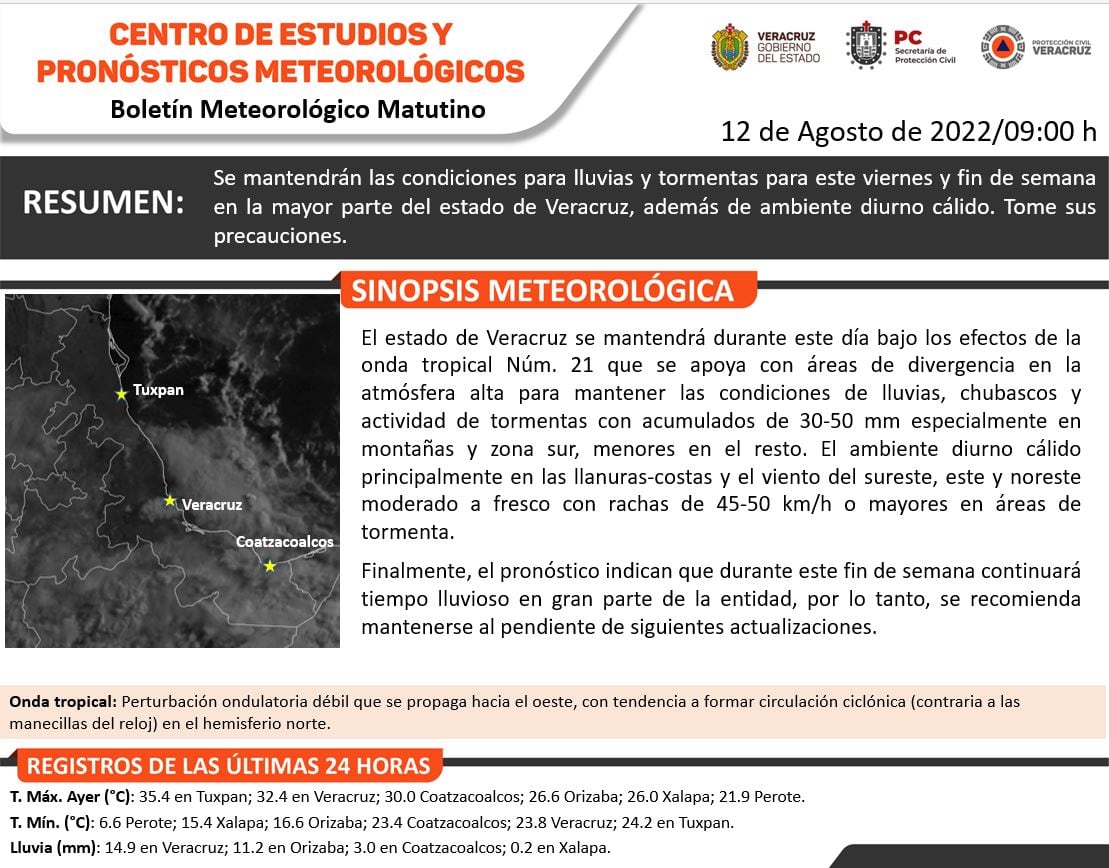 Reporte metereológico de Veracruz del 12 de agosto/Protección civil de Veracruz