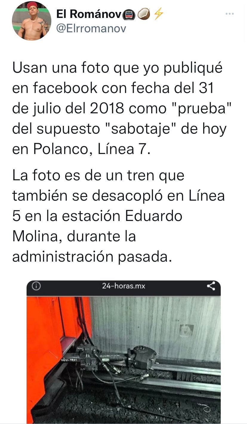 foto falsa de sabotaje en estación Polanco de la Línea 7 del Metro CDMX