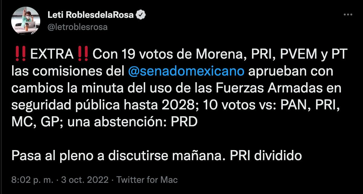 Aprueban en comisiones de la Cámara de Senadores nuevo dictamen del Ejército en las calles hasta 2028; mañana irá al pleno