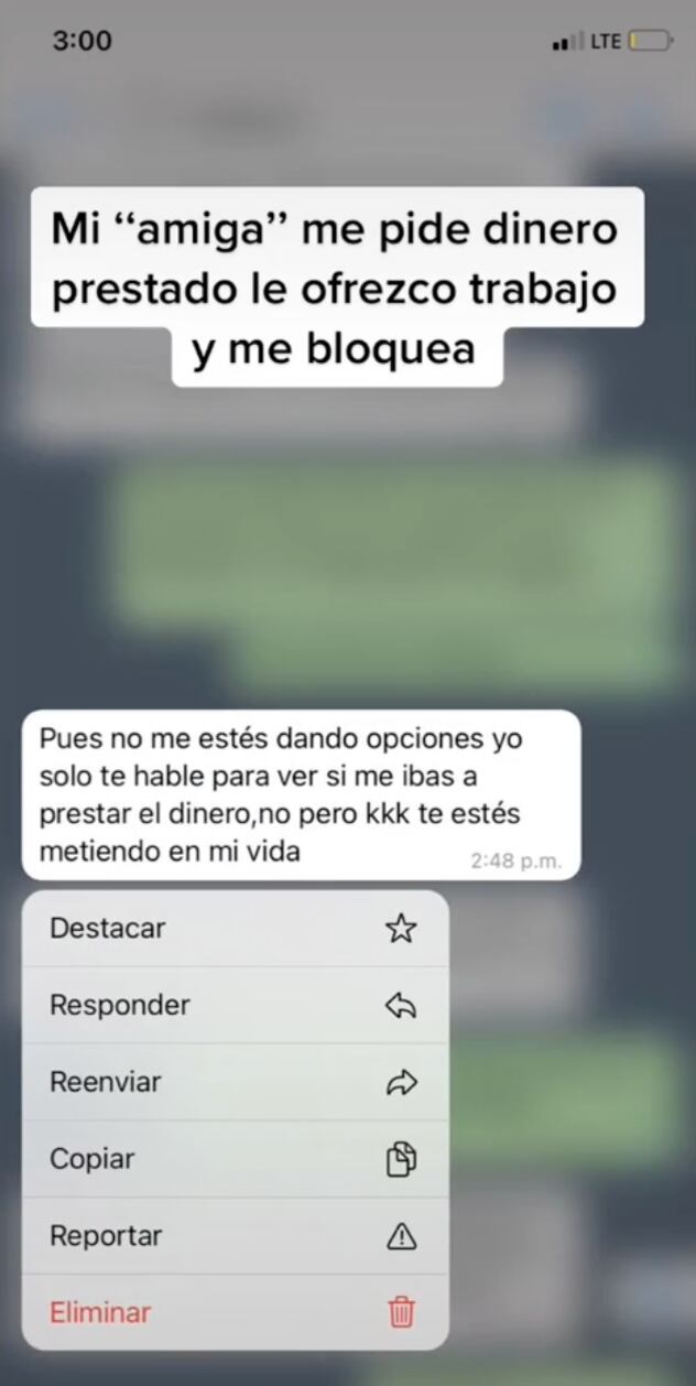 Conversación con la amiga que pidió dinero