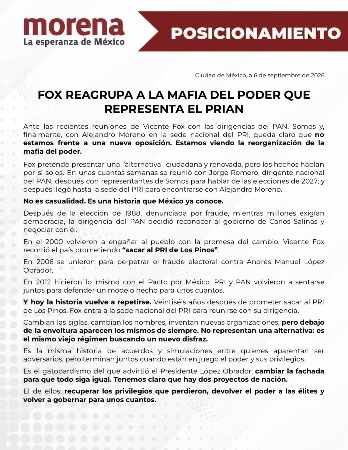 Morena declara su posicionamiento ante reuniones de Fox