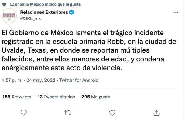 Gobierno de México lamenta tiroteo en primaria de Uvalde, Texas