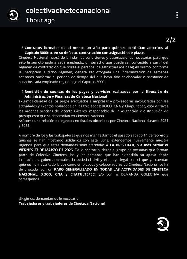 Trabajadores de la Cineteca ponen fecha para resolver conflicto laboral