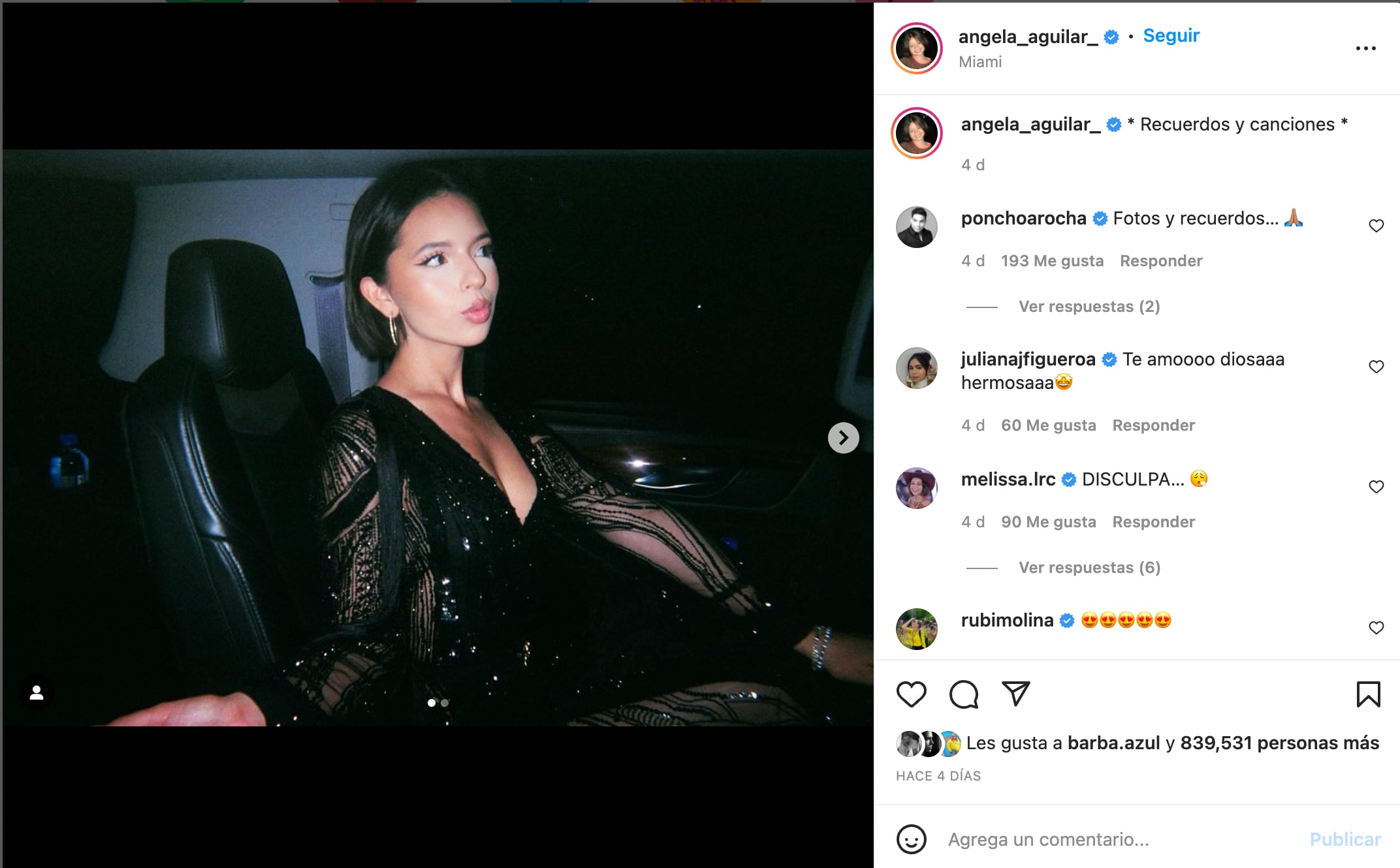 Juliana Figueroa comentó una foto de Ángela Aguilar