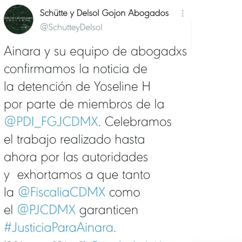 Ainara celebra detención de Yoseline Hoffman 'YosStop'.