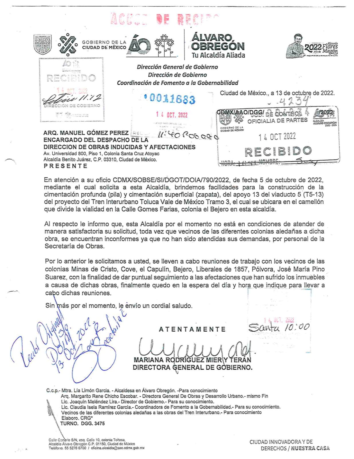 Oficios enviados por Lía Limón a la Secretaria de Obras y Servicios