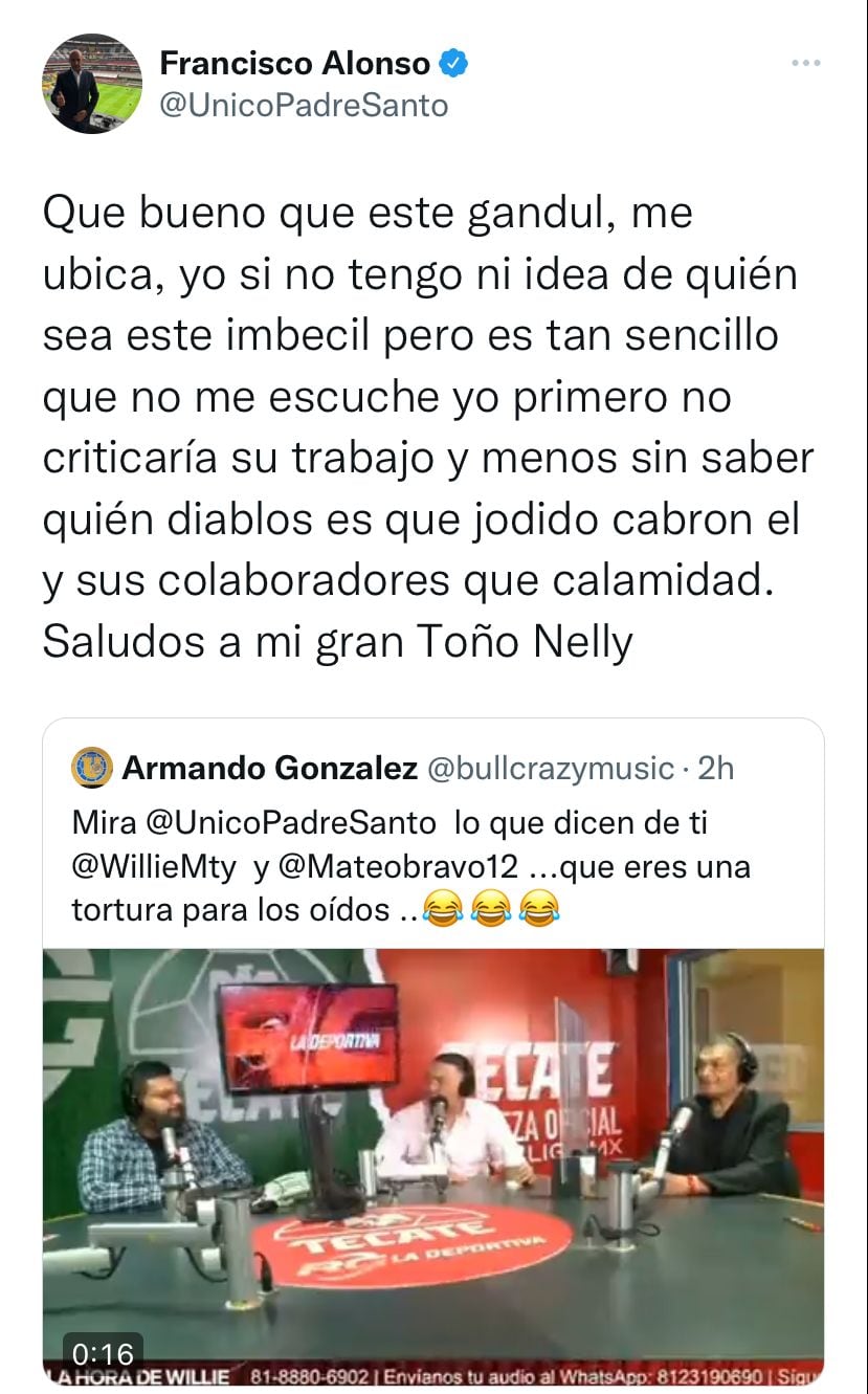 Francisco Alonso contestó en un mensaje a las críticas de Willie González.