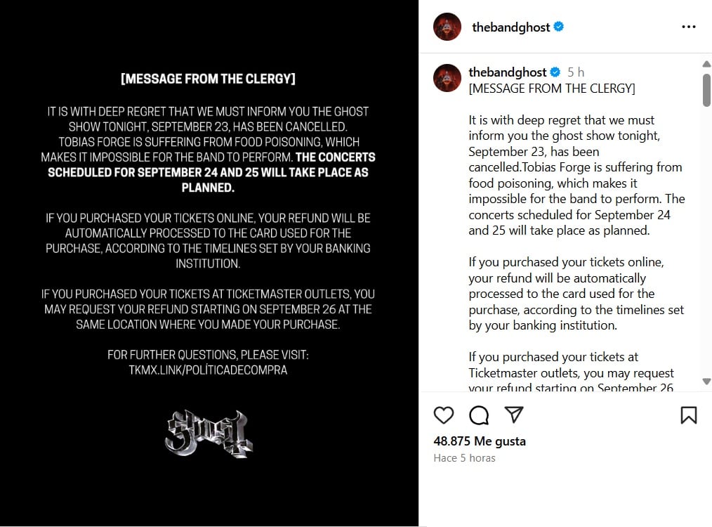 Esto pasará con los conciertos de Ghost el 24 y 25 de septiembre en la CDMX