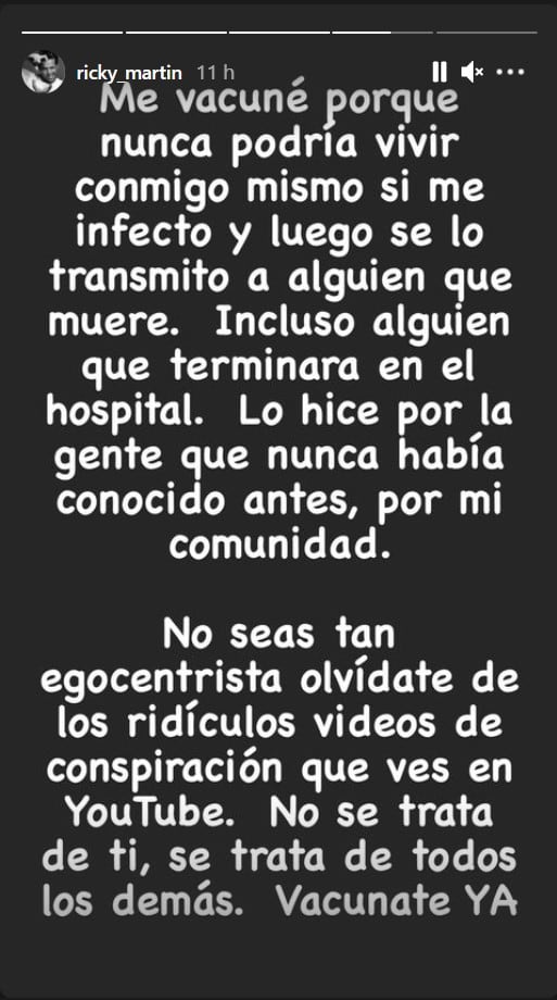 Publicacion de Ricky Martin en Instagram