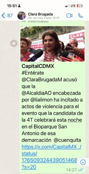 Mensajes de Lía Limón a Clara Brugada