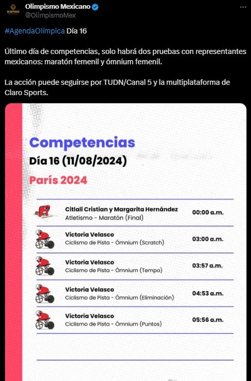 Agenda de atletas mexicanas para el domingo 11 de agosto.