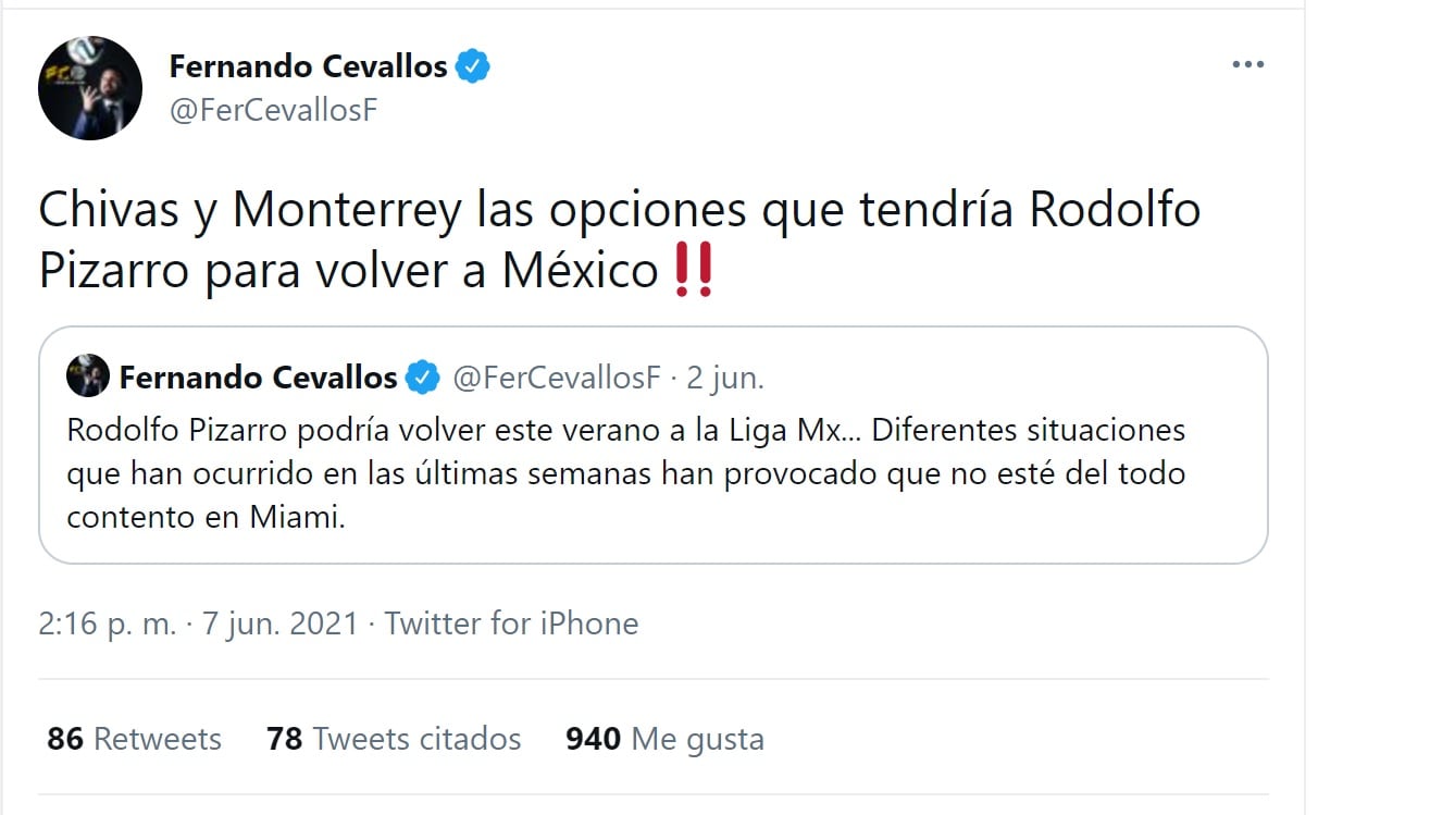 Fernando Cevallos afirma que Rodolfo Pizarro volvería a la Liga MX