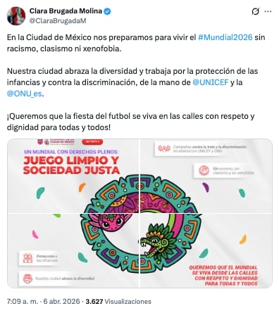 Clara Brugada anuncia medidas de protección contra la discriminación y xenofobia durante en Mundial 2026