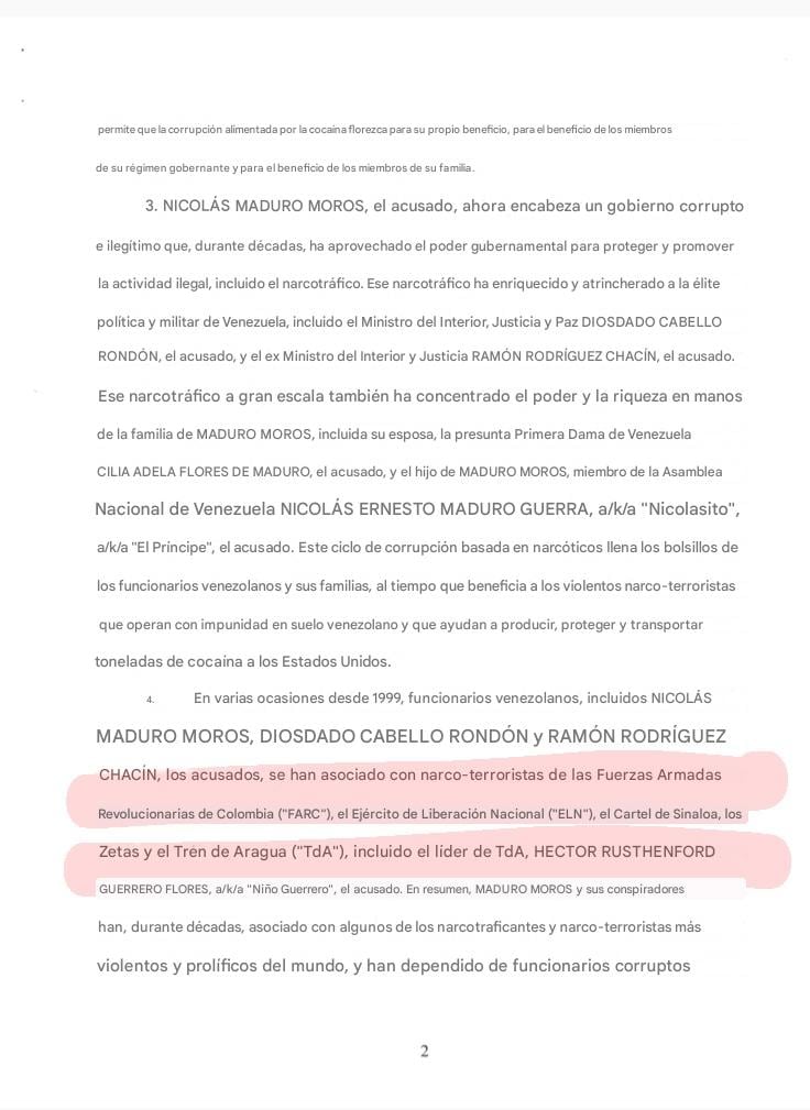 Documento del Gran Jurado sobre acusaciones a Nicolás Maduro que lo vinculan con el Cártel de Sinaloa y Los Zetas.