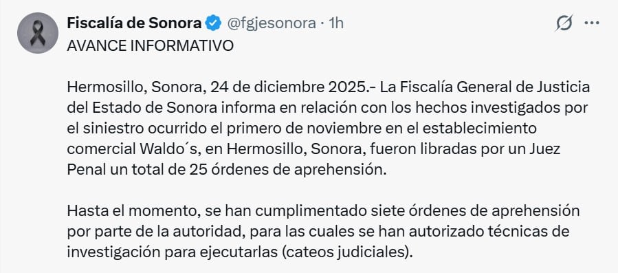 Fiscalía de Sonora sobre caso Waldo's