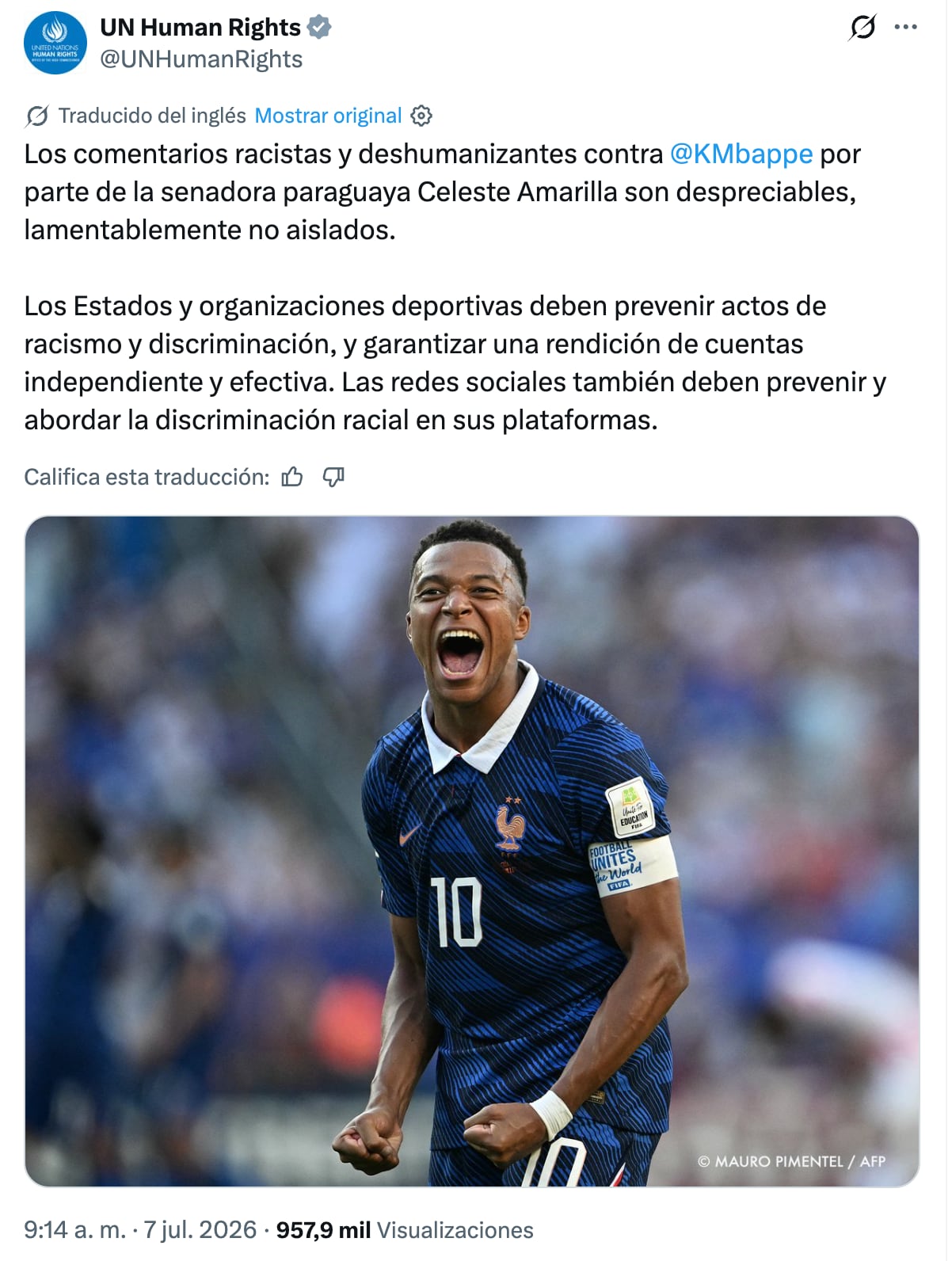 ONU Derechos humanos apoya a Kylian Mbappé tras ser insultado por la senadora paraguaya Celeste Amarilla