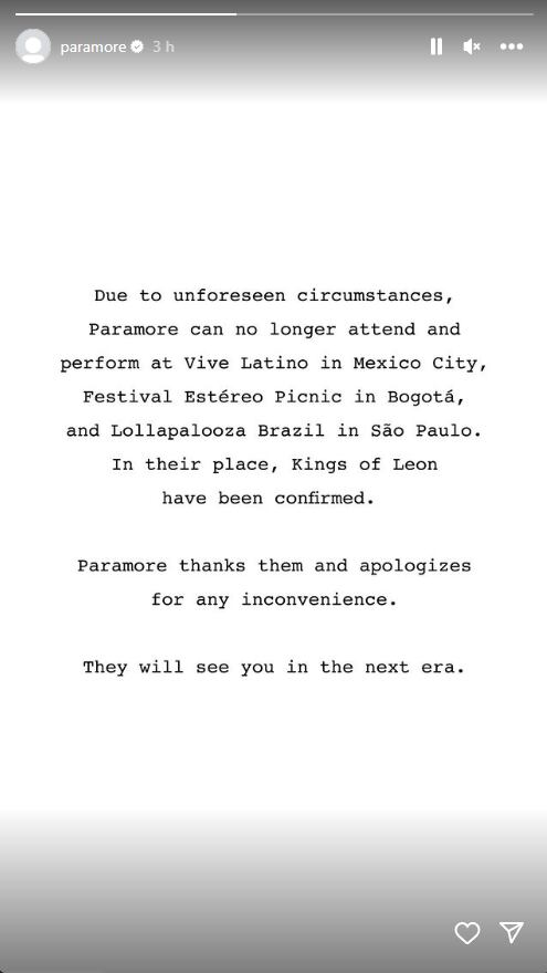 Mensaje de Paramore cancelando concierto en el Vive Latino 2024