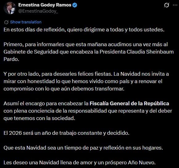 Ernestina Godoy promete un 2026 de “trabajo constante y decidido” en la FGR