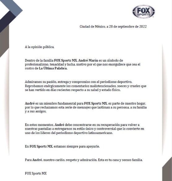 Comunicado de Fox Sports sobre André Marín