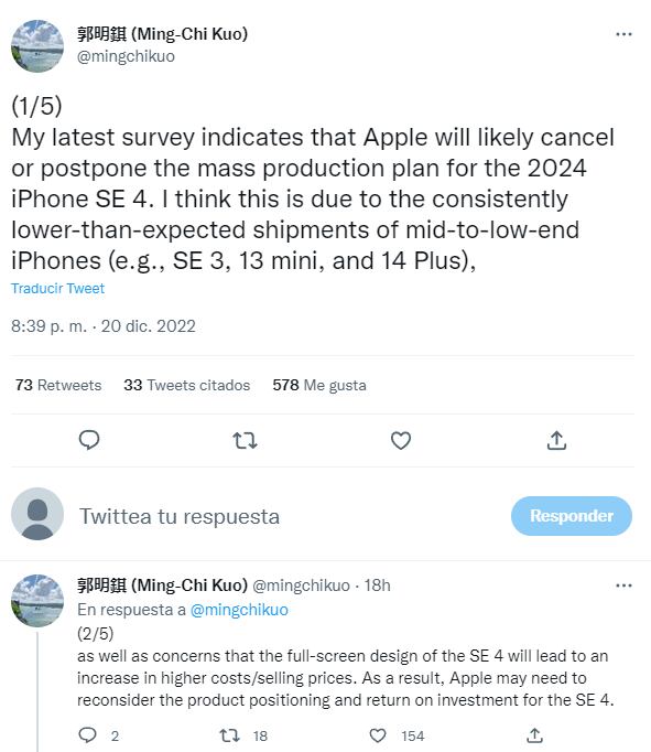 Tuit de Ming-Chi Kuo hablando de la cancelación del modelo SE de iPhone