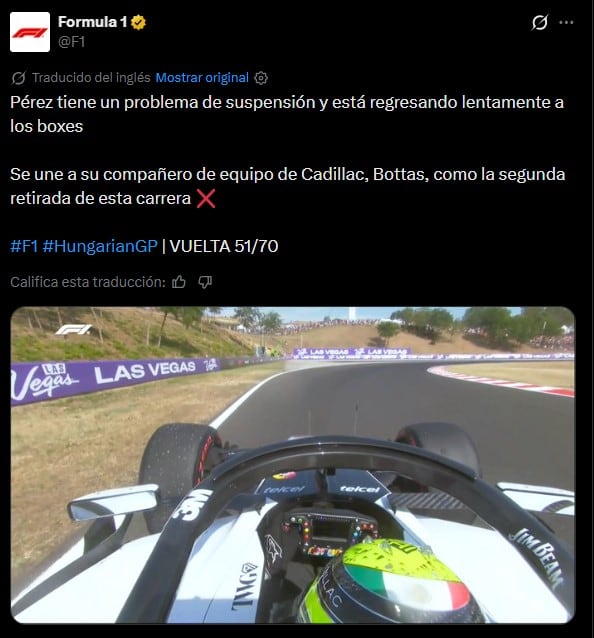 Checo Pérez abandona el GP de Hungría