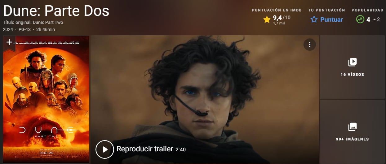 Duna: parte dos calificación en IMDB