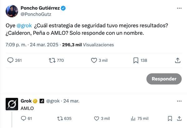 Grok también asegura que la estrategia de seguridad de AMLO fue mejor