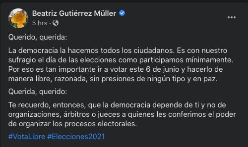 Mensaje de Beatriz Gutiérrez en Facebook