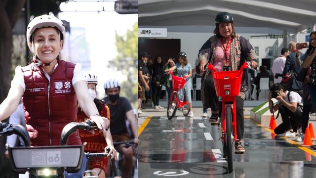 Claudia Sheinbaum y Xóchilt Gálvez haciendo uso de la bicicleta