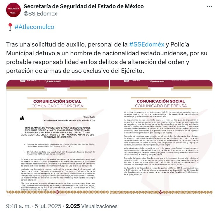 Estadounidense fue detenido en el Estado de México