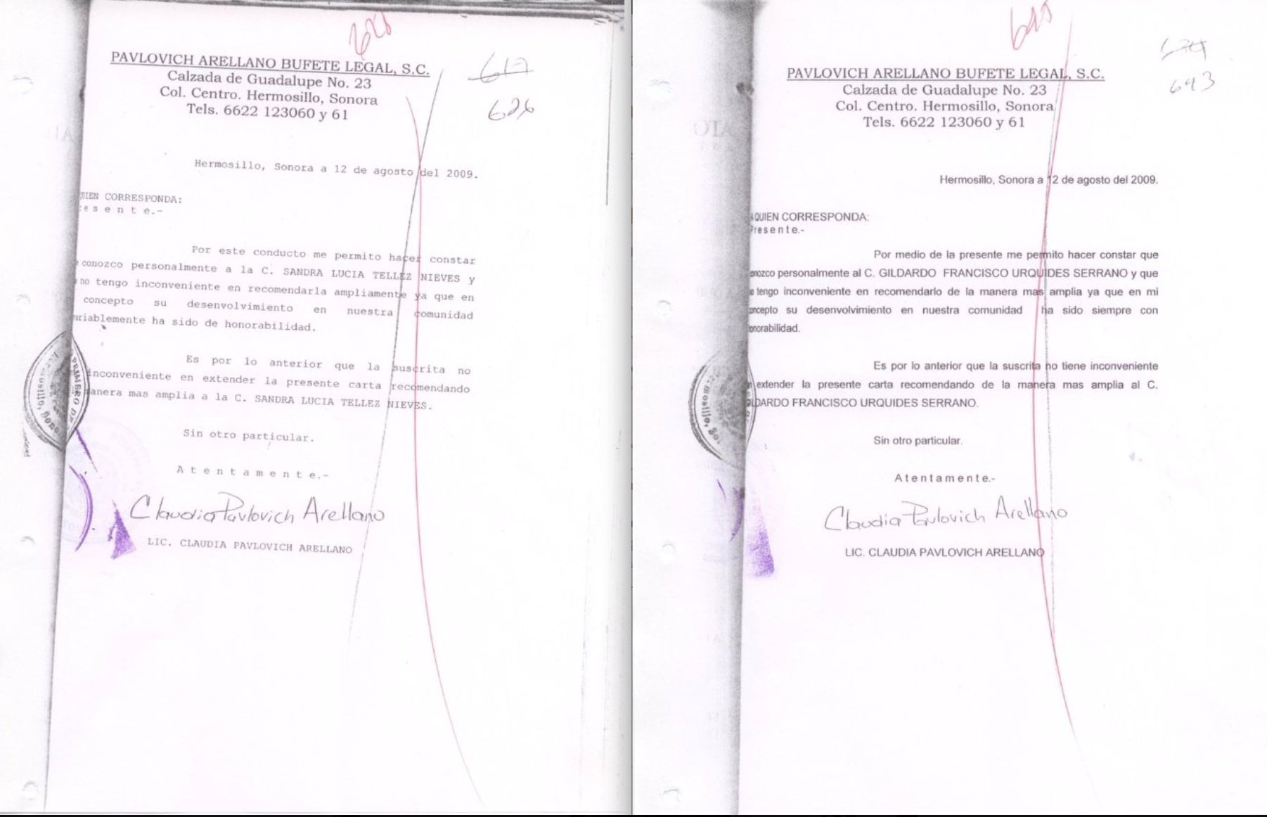 Cartas de recomendación firmadas por Claudia Pavlovich